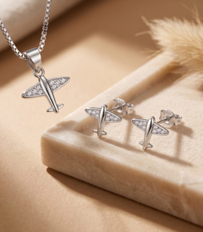 Silvara Sterling Silver Airplane Pendant(Without Chain) And Earring Set Cubic Zirconia Stones
