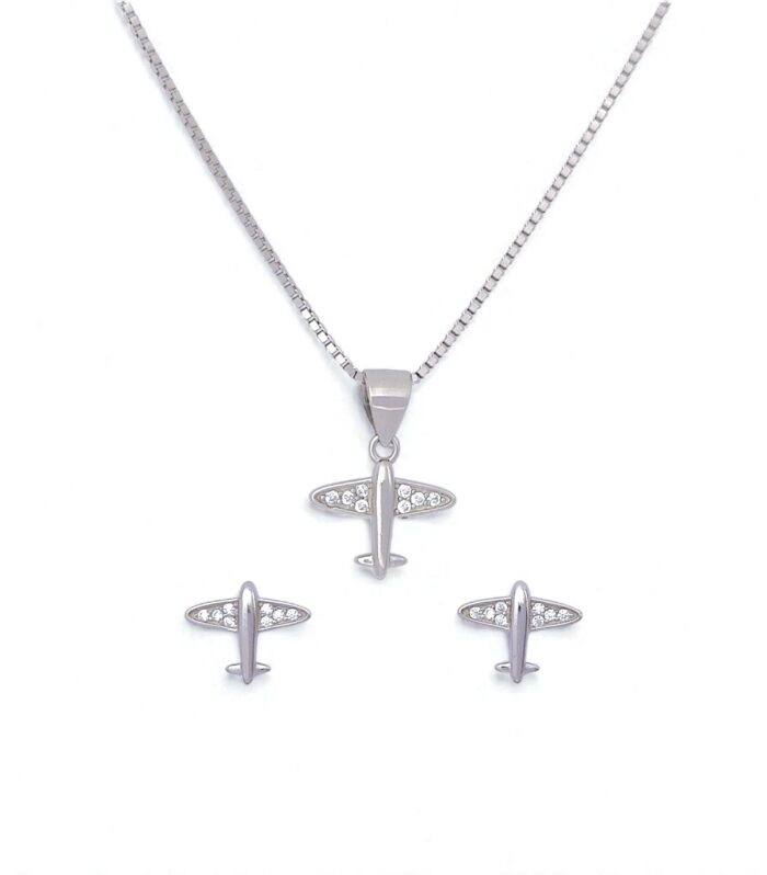 Silvara Sterling Silver Airplane Pendant(Without Chain) And Earring Set Cubic Zirconia Stones
