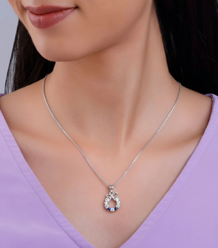 Silvara P14 925 Sterling Silver Bow Circle Pendant with Blue & White Stones | Elegant Gift Design | Pendant Only (Without Chain)