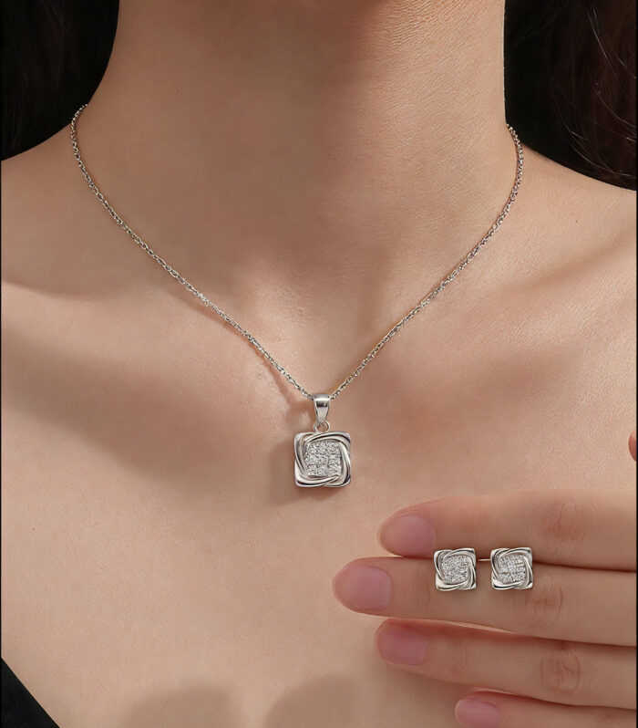 Silver-Tone Square Pendant Necklace and Earrings Set with Cubic Zirconia-CPT-D1