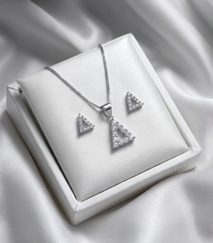 PDTS-3 Sterling Silver Triangular Pendant and Earrings Set with Gemstones By Silvara