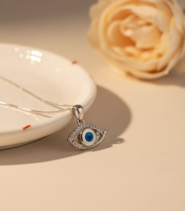 Sterling Silver Evil Eye Pendant | Blue White Stone Protective Jewelry By Silvara- Nazar-P1