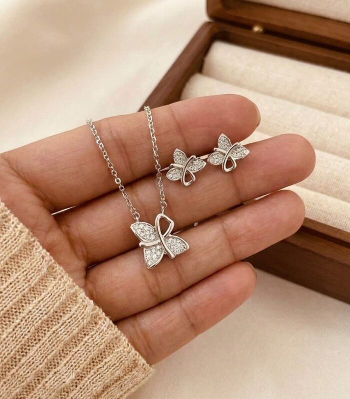 Butterfly Pendant Necklace and Stud Earrings Set – Cubic Zirconia Silver Jewelry By Silvara- CPT-D3