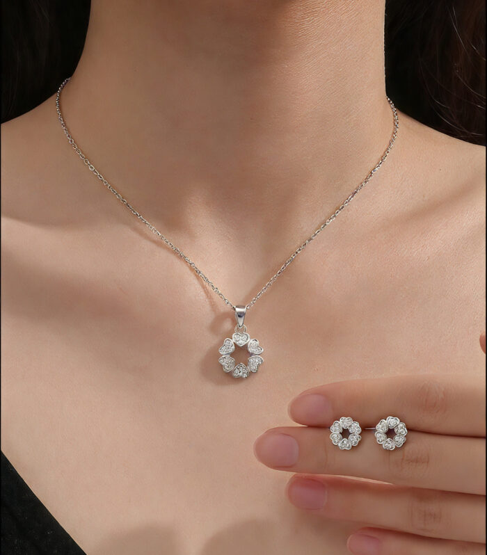 Silver-Tone Heart Circle Pendant Necklace and Stud Earrings Set with CZ Stones-CPT-D2