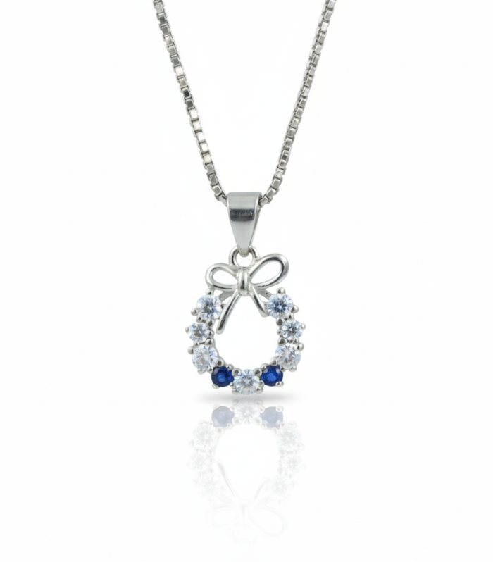 Sterling Silver Bow Circle Pendant | Blue White Stones, Elegant Design By Silvara- PDT-5