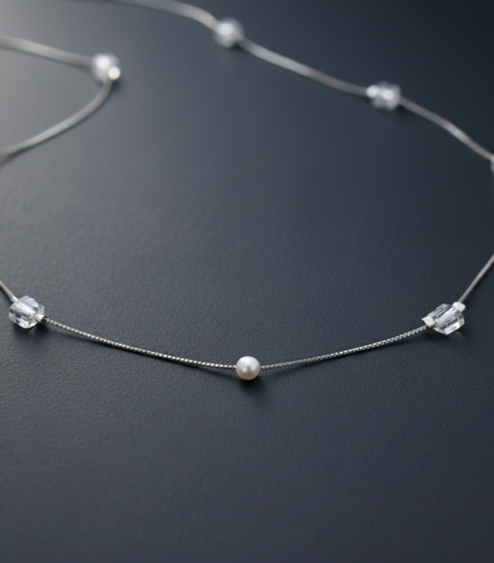 Minimalist Silver Pearl Chain Necklace, Delicate Beaded Silver, Elegant Dainty Jewelry By Silvara-CP1