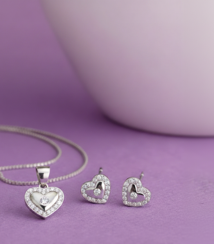 Sterling Silver Heart Necklace & Earrings Set: Zirconia Crystal Pendant, Women's Jewelry- Diamond Heart-1