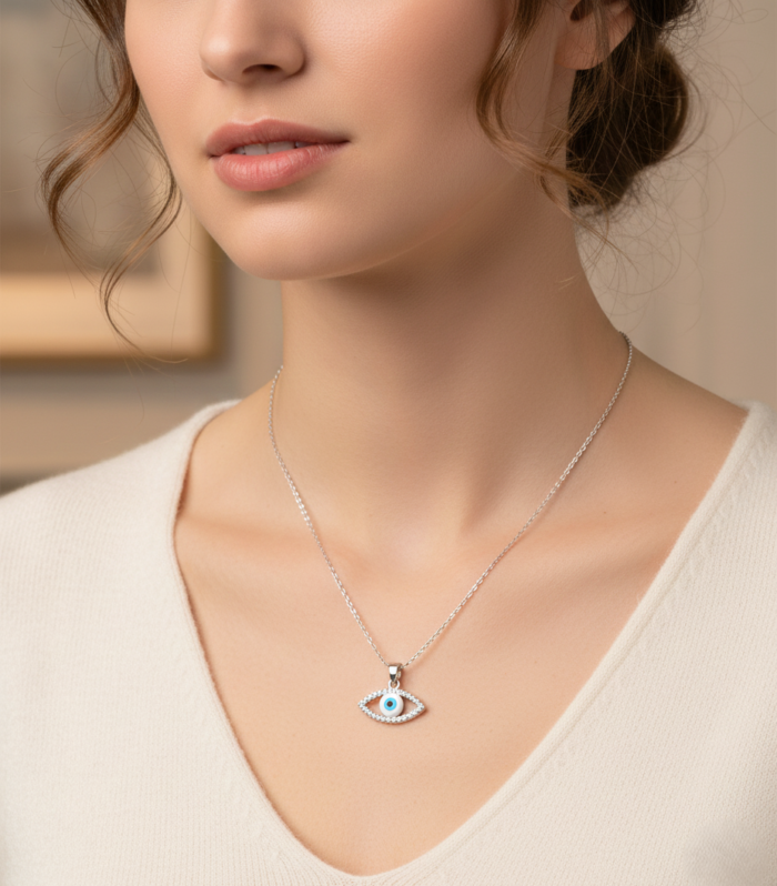 Sterling Silver Evil Eye Pendant | Blue White Stone Protective Design By Silvara- Nazar-P2