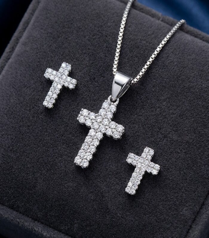 Silvara Cross Pendant & Chain With Matching Ear Studs For Women And Girls