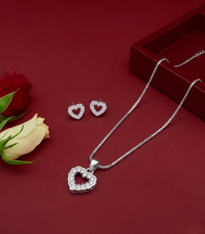 Sterling Silver Heart Necklace & Earrings Set: Zirconia Crystal Pendant, Women's Jewelry- Diamond Heart-2